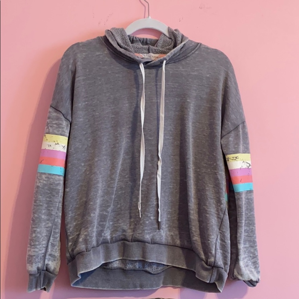 Gray hoodie with pastel stripes